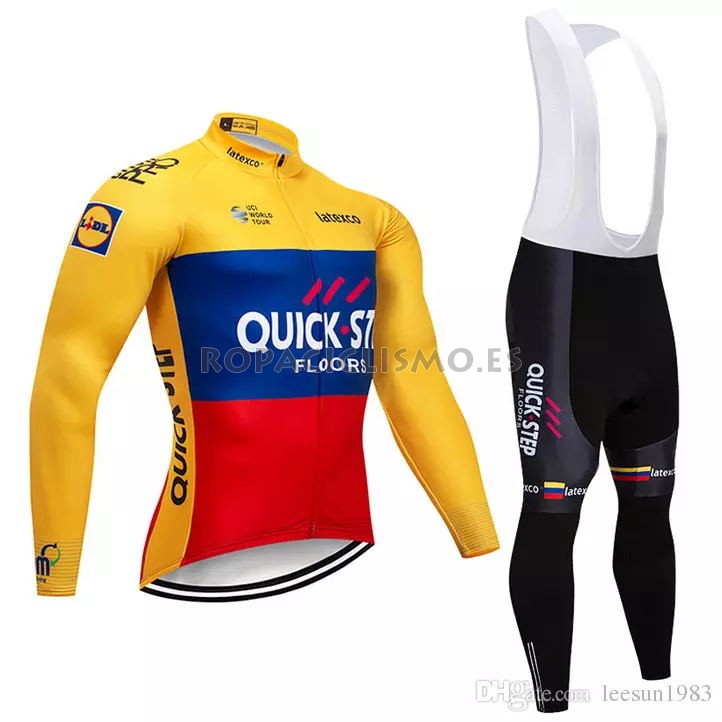 2018 Maillot Quick Step Floors Tirantes Mangas Largas Amarillo A